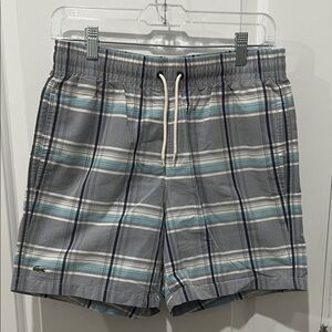 Lacoste Gray Navy and Light Blue Plaid Swim Shorts Size Small